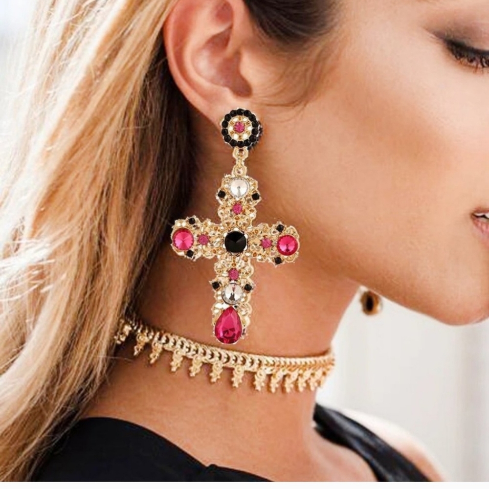 Black Rhinestones Cross Dangle Earrings - Picture 3 of 3